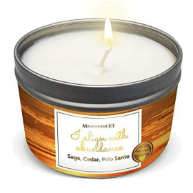 MAGNIFICENT 101 Affirmations Sage, Cedar, Palo Santo, Sprinkle of sage Leaves Smudge Candle for House Energy Cleansing, Banishes Negative Energy - Soy